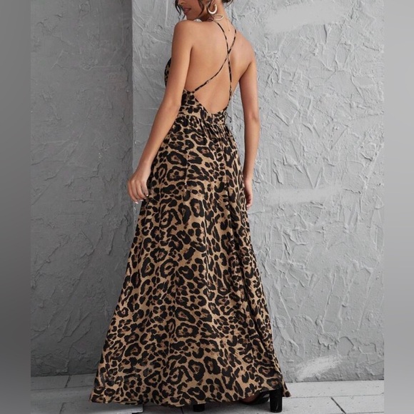 Boho Criss Cross Backless Open Back Back Leopard Print Long Maxi Dress - Picture 2 of 8